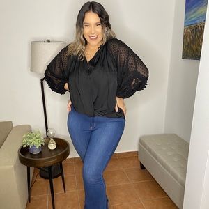 Black Silk Lace Plus Size Curvy Crochet Top Blouse